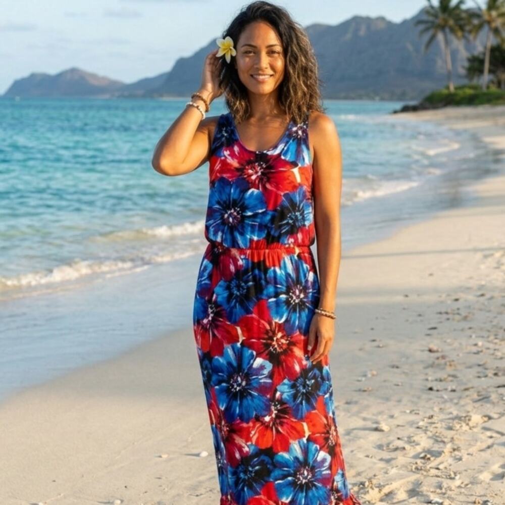 Cupio Woman NEW Colorful Floral Maxi Dress Womens Size 1X Blue Red Knit NWOT